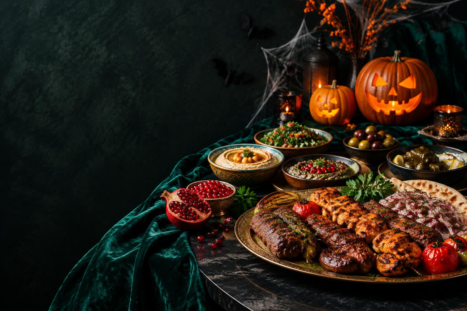 Halloween decorations around a Middle Eastern charcoal grill feast