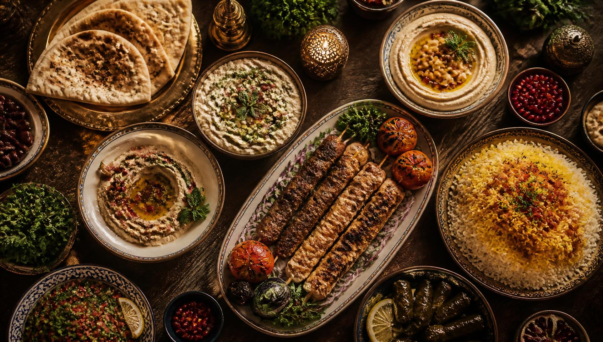 A generous spread of Middle Eastern mezze, kebabs and saffron rice